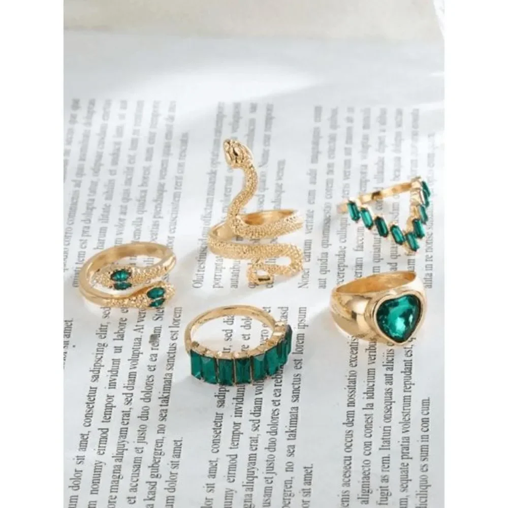 Gold Emerald Gothic Punk Snake Stackable Ring Set - 5 Piece - Picture 5 of 7
